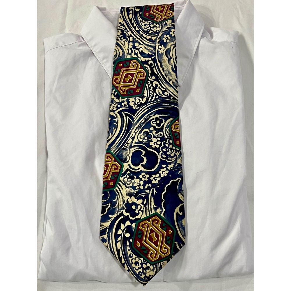 Michael Austin Mens Silk Tie Blue‎ Gold Green Geometric Paisley Pattern